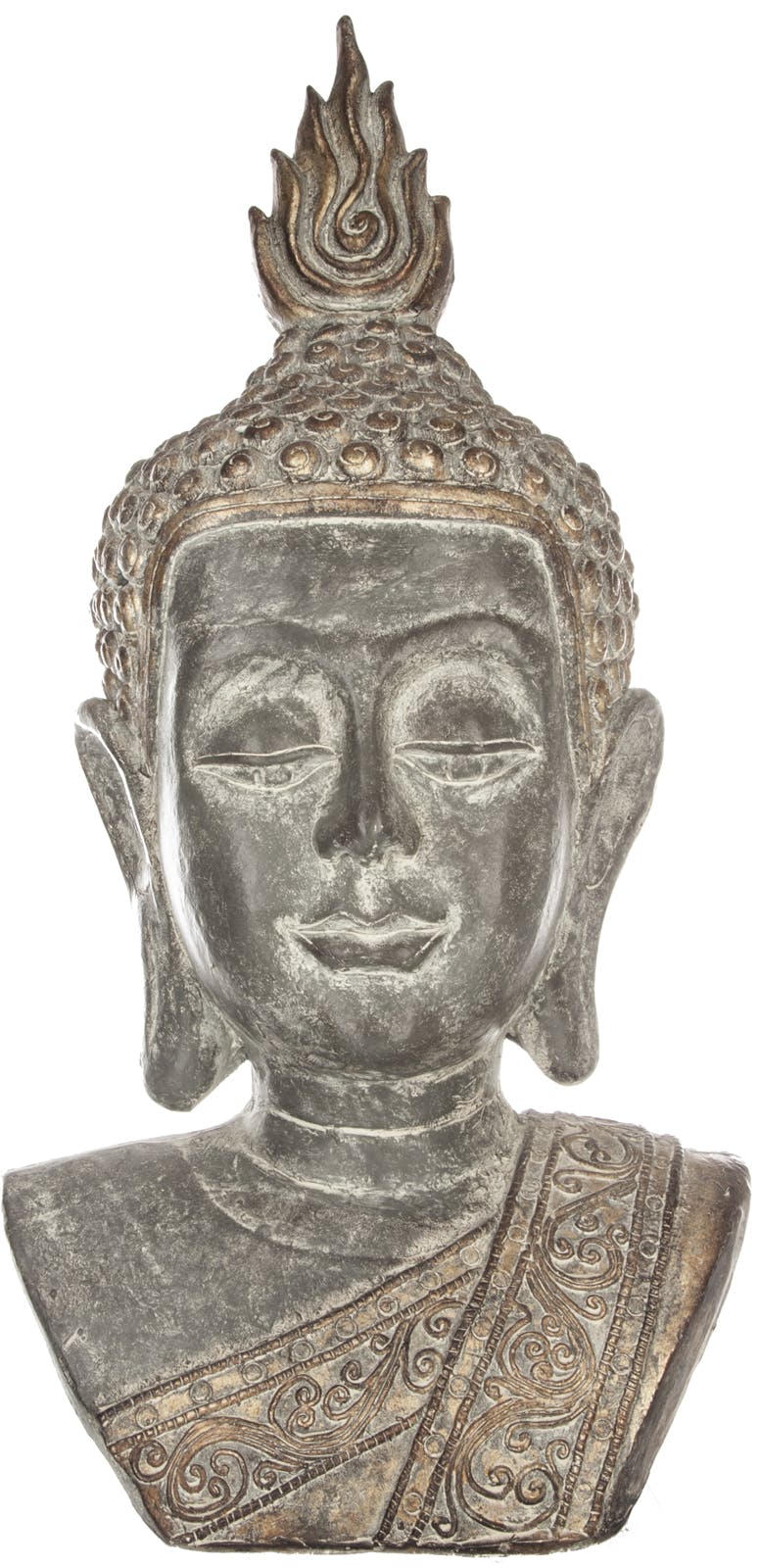 Tête de Bouddha en résine effet pierre vieillie dorée H61cm