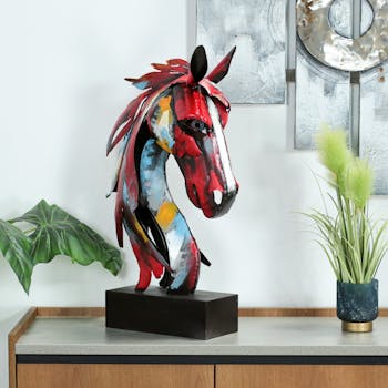 Tête de cheval en métal multicolore sur socle H75x47x21cm