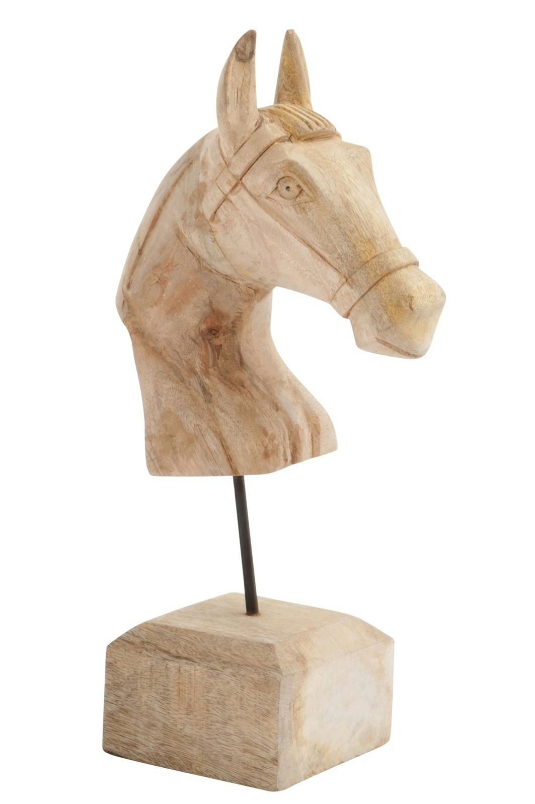 Tête de cheval sur pied en bois naturel 25x14x48cm