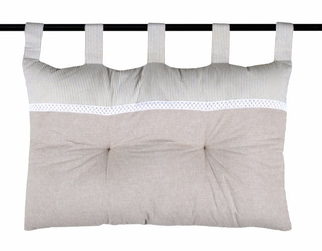 Tête de lit charme couleur lin rayé et blanc avec dentelle 45x70cm 100% coton ANGELE LIN