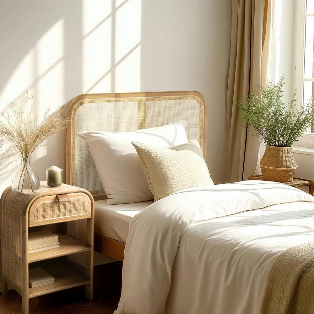 Tête de lit en bois de mindi et rotin naturel pour lits 80/90cm TIVARO
