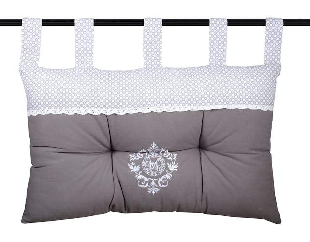Tête de lit gris décor romantique brodé et dentelle 45x70cm 100% coton MELINE