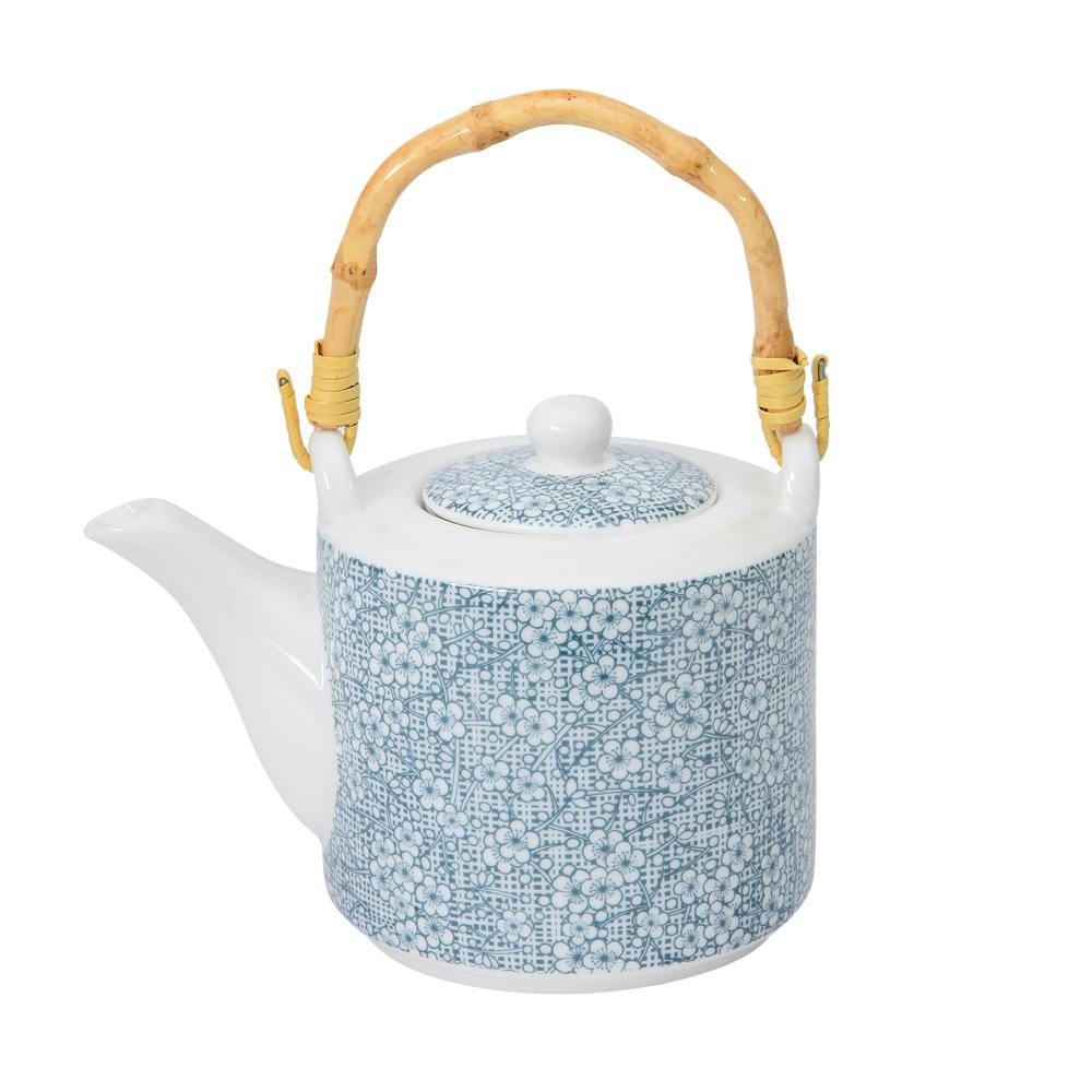 Théière 450ml Denim motifs Fleurs tons bleus jeans et filtre inox anse bambou