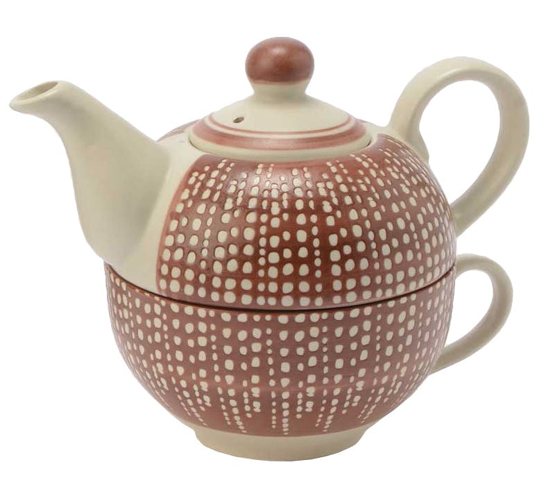 Théière Caracas en grès écru et rouge motif points 17x11x10cm