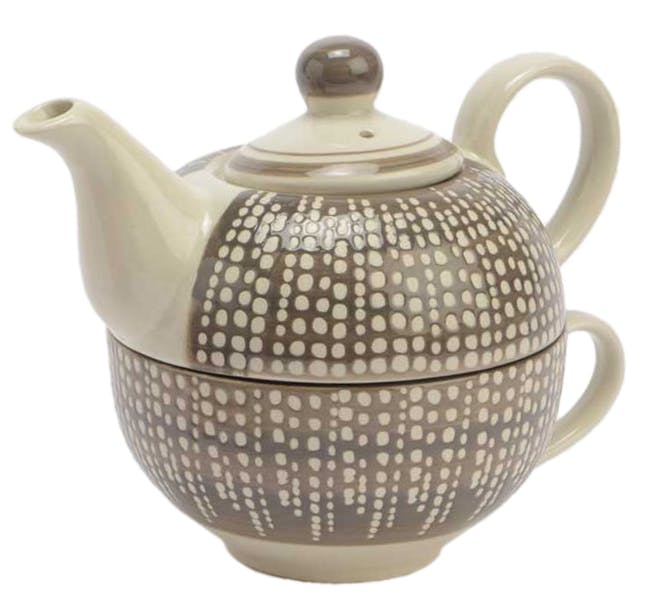 Théière Caracas en grès écru et taupe motif points 17x11x10cm