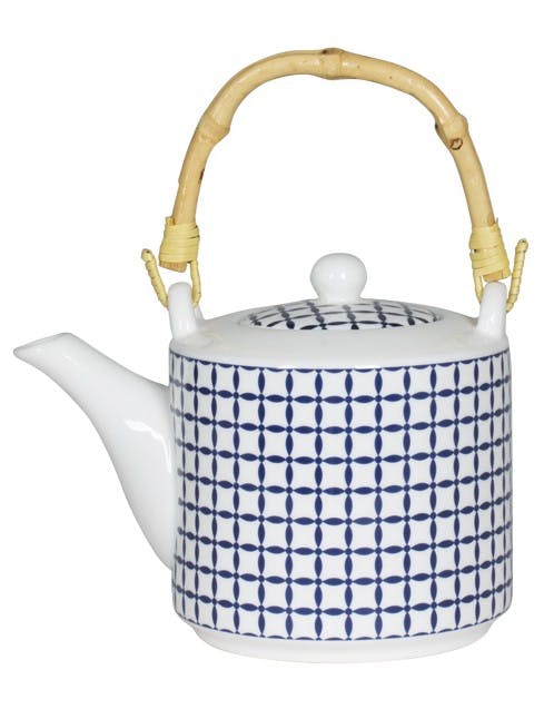 Théière décor graphique japonisant porcelaine tons bleus et anse bambou D9xH9,5cm