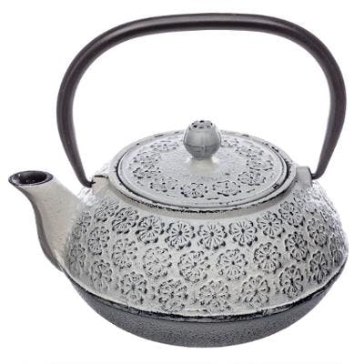 Théière en fonte ton gris blanchi 1L Motifs en relief fleur H16cm