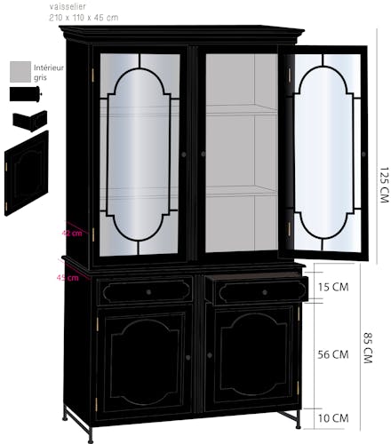 Vaisselier 2 Corps en bois noir, 2 tiroirs et 4 portes dont 2 vitrées avec décor métal 110x45x210cm ACADEMIE