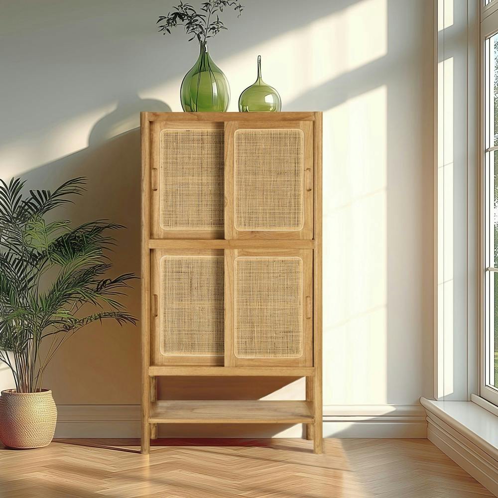 Vaisselier 2 étagères 2 portes coulissantes mindi / rotin naturel TIVARO
