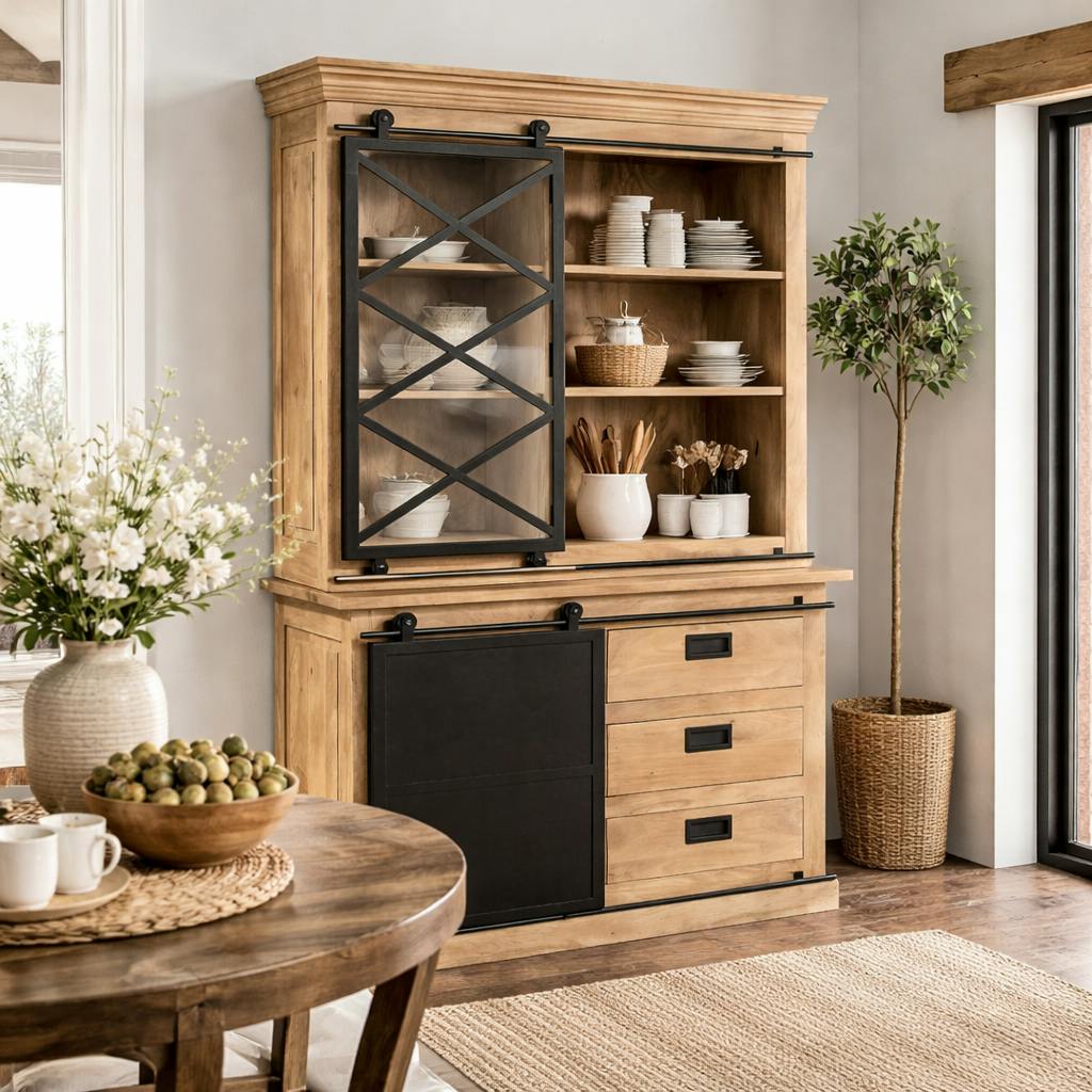 Vaisselier bois métal style atelier à portes coulissantes 120 cm CAMDEN