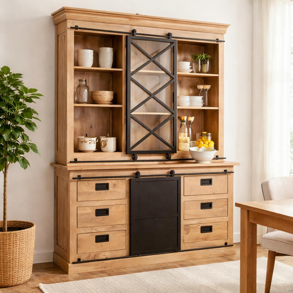 Vaisselier bois métal style atelier à portes coulissantes 160 cm CAMDEN