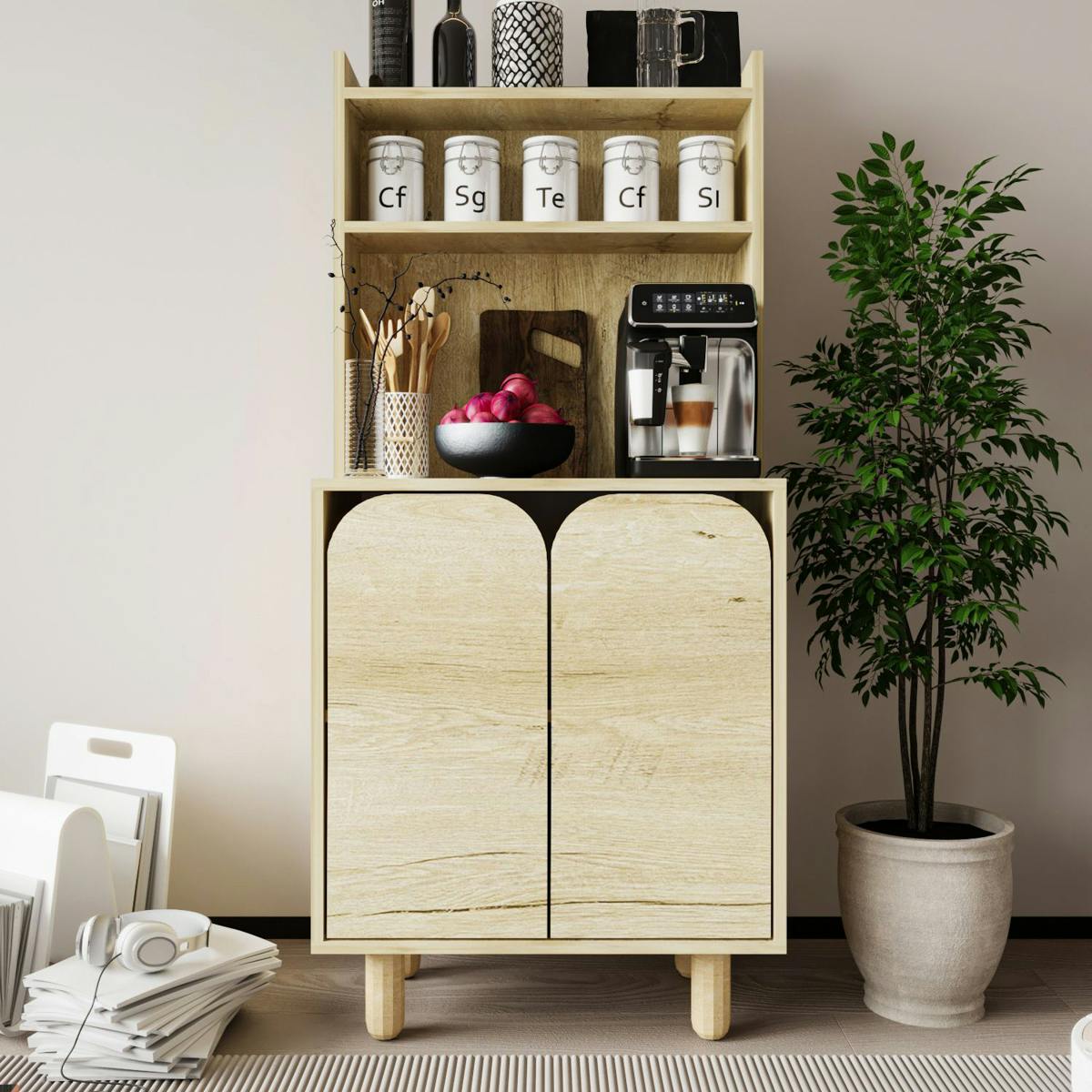 Vaisselier cuisine effet bois 2 portes courbes VAREN