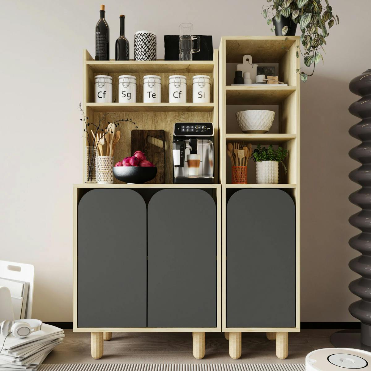 Vaisselier cuisine effet bois 3 portes anthracites VAREN