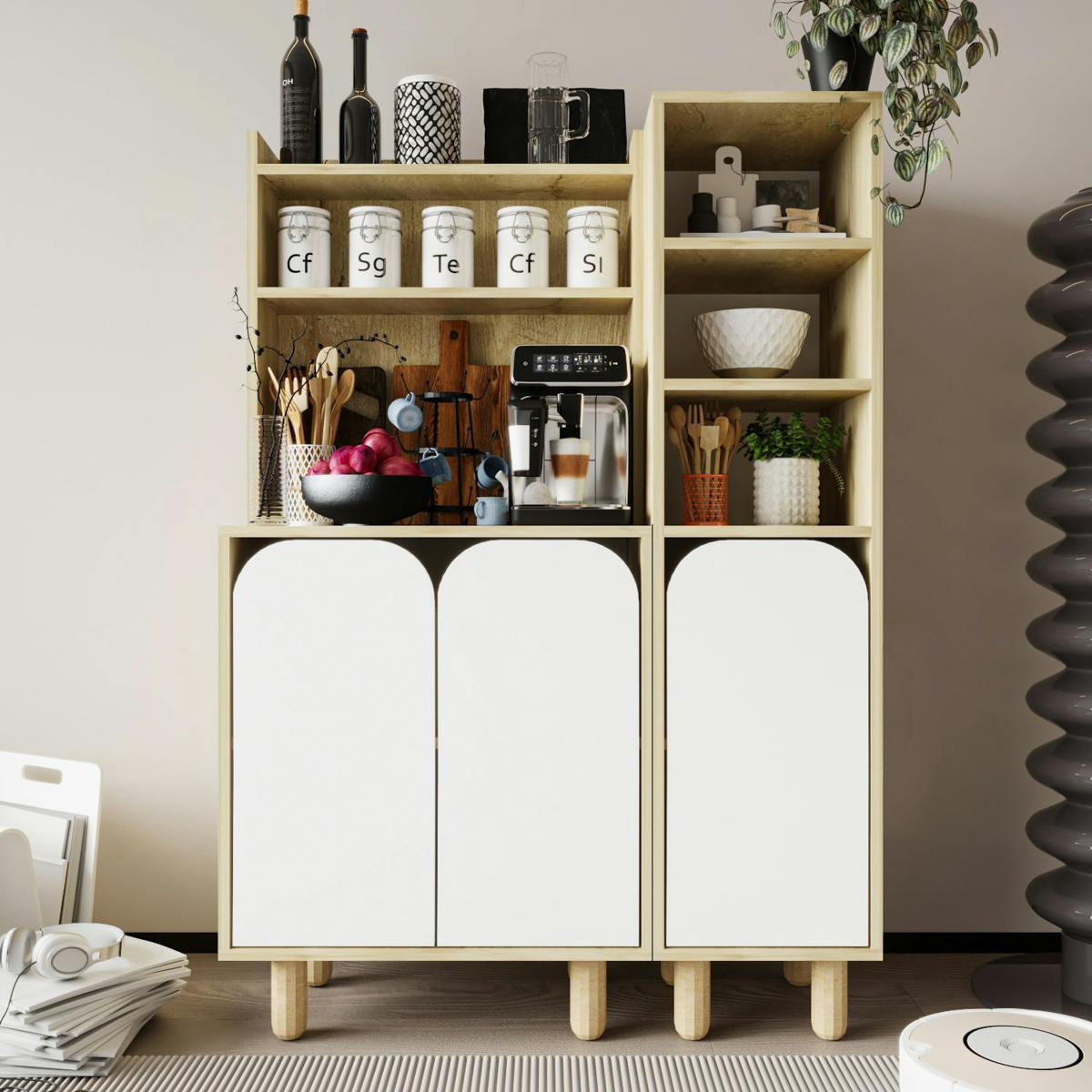 Vaisselier cuisine effet bois 3 portes blanches VAREN