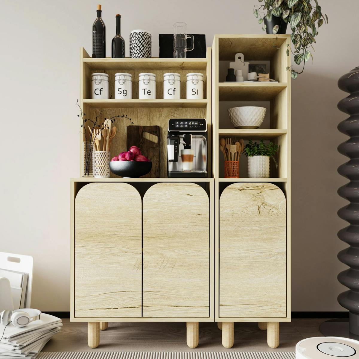 Vaisselier cuisine effet bois 3 portes courbes VAREN