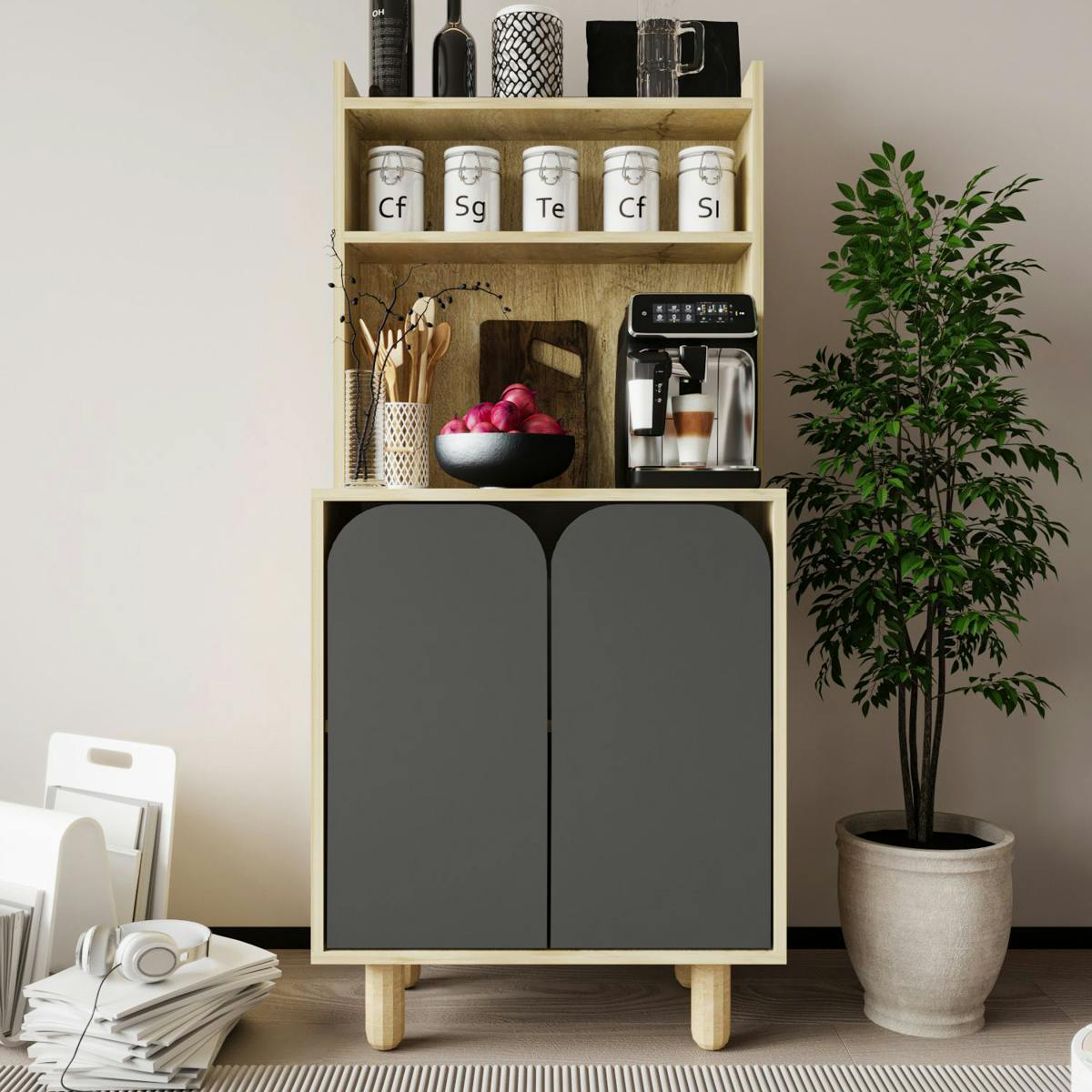 Vaisselier de cuisine 2 portes courbes grises VAREN