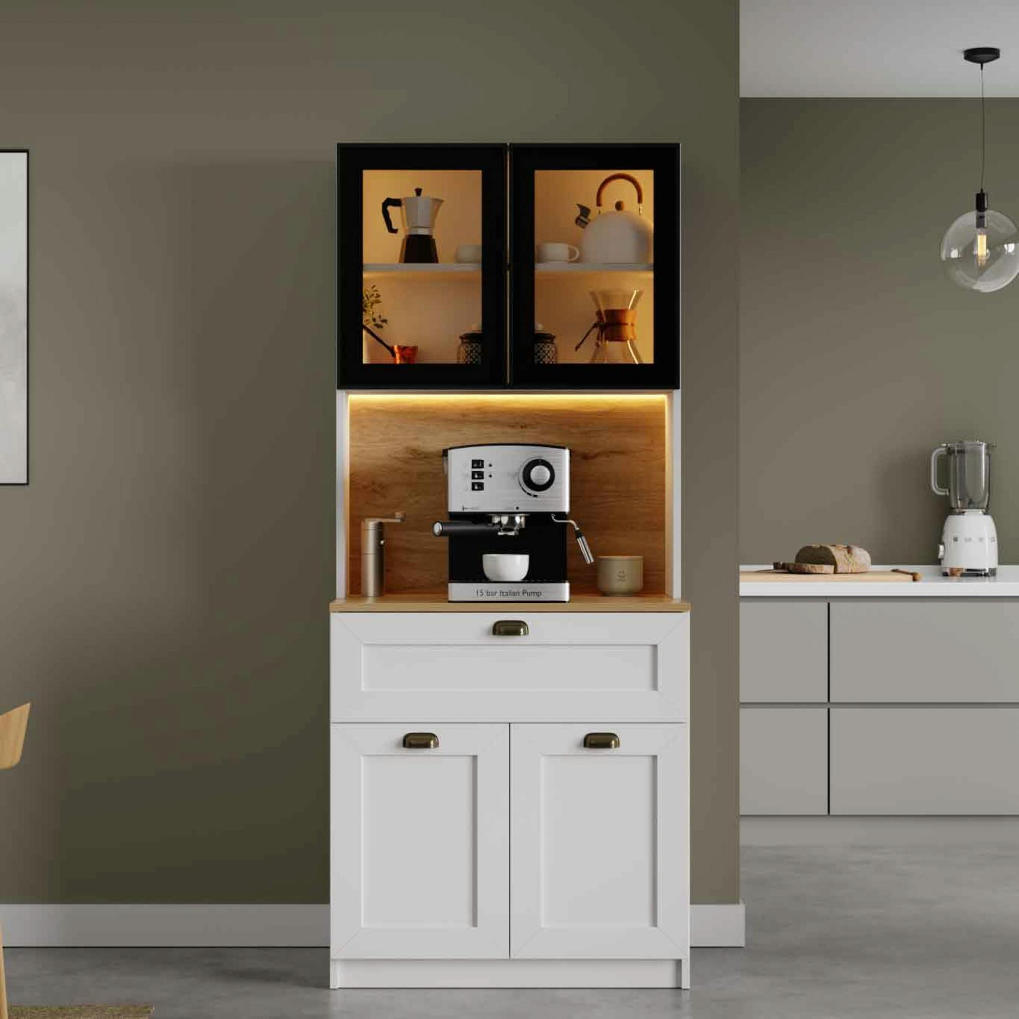 Vaisselier de cuisine à LED 4 portes décor blanc et noir AURA