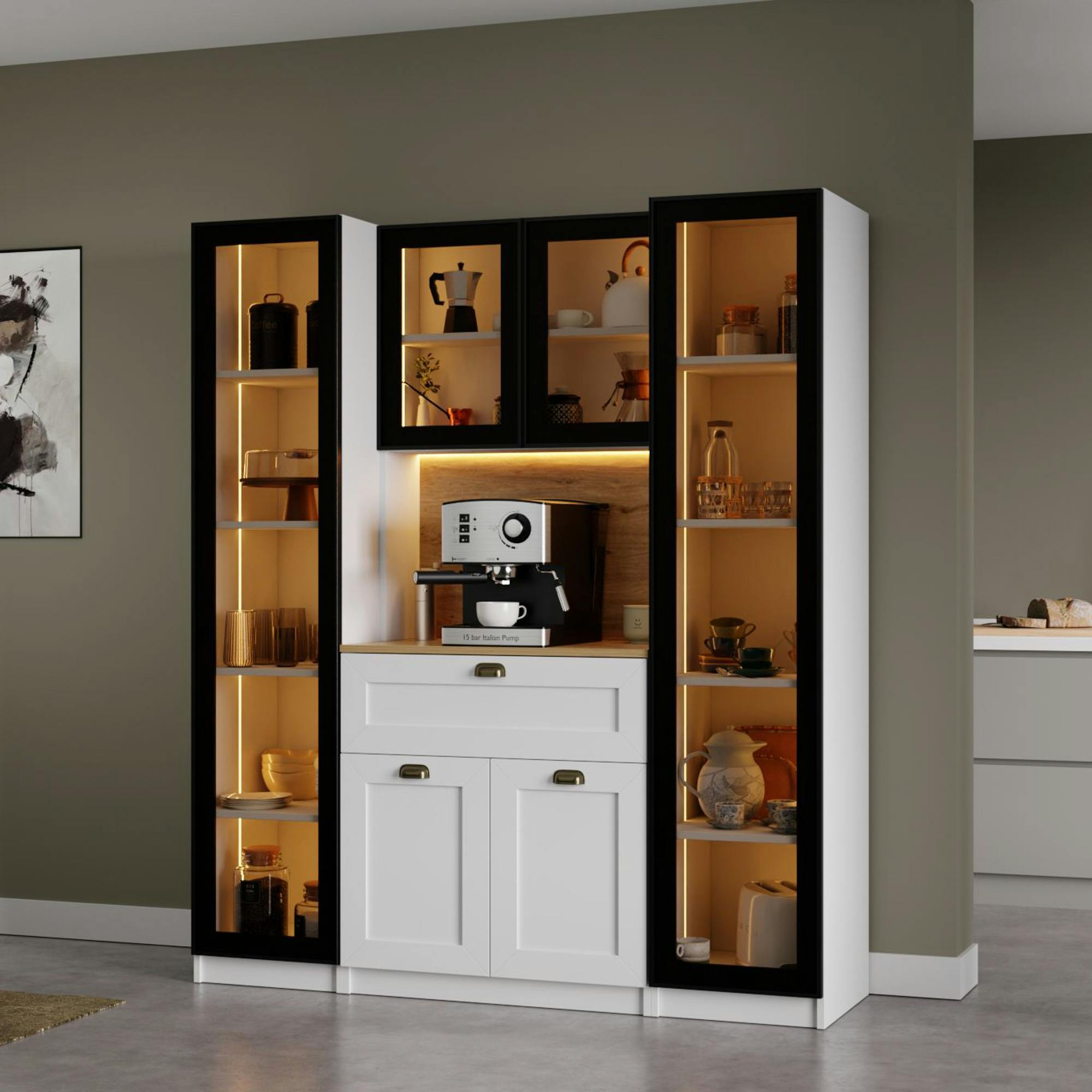Vaisselier de cuisine à LED 6 portes décor blanc et noir AURA