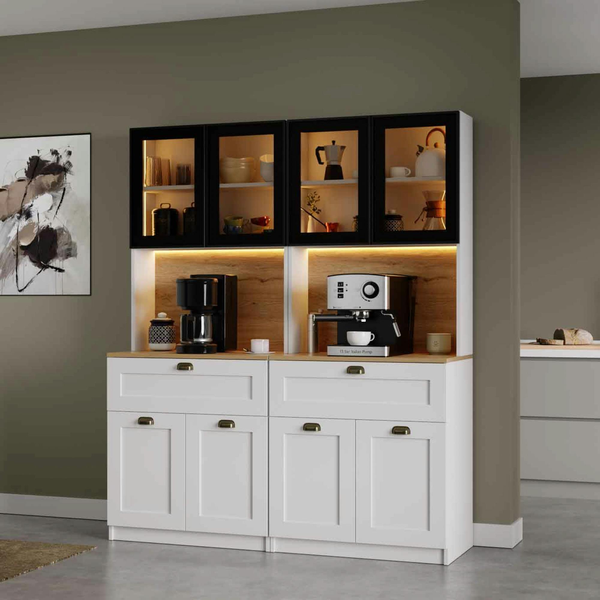 Vaisselier de cuisine à LED 8 portes décor blanc et noir AURA