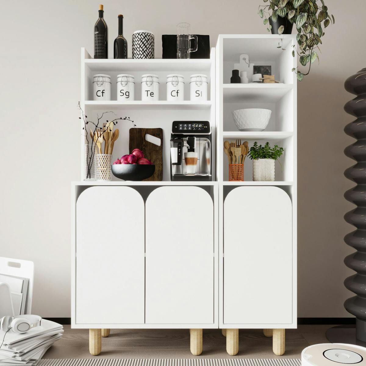 Vaisselier de cuisine blanc 3 portes courbes VAREN