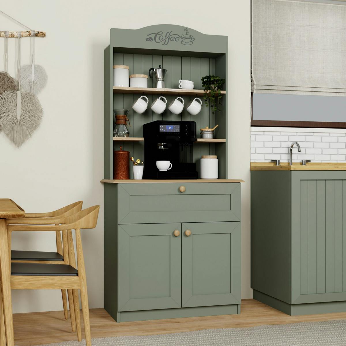 Vaisselier de cuisine vert sauge, niche machine à café VAREN