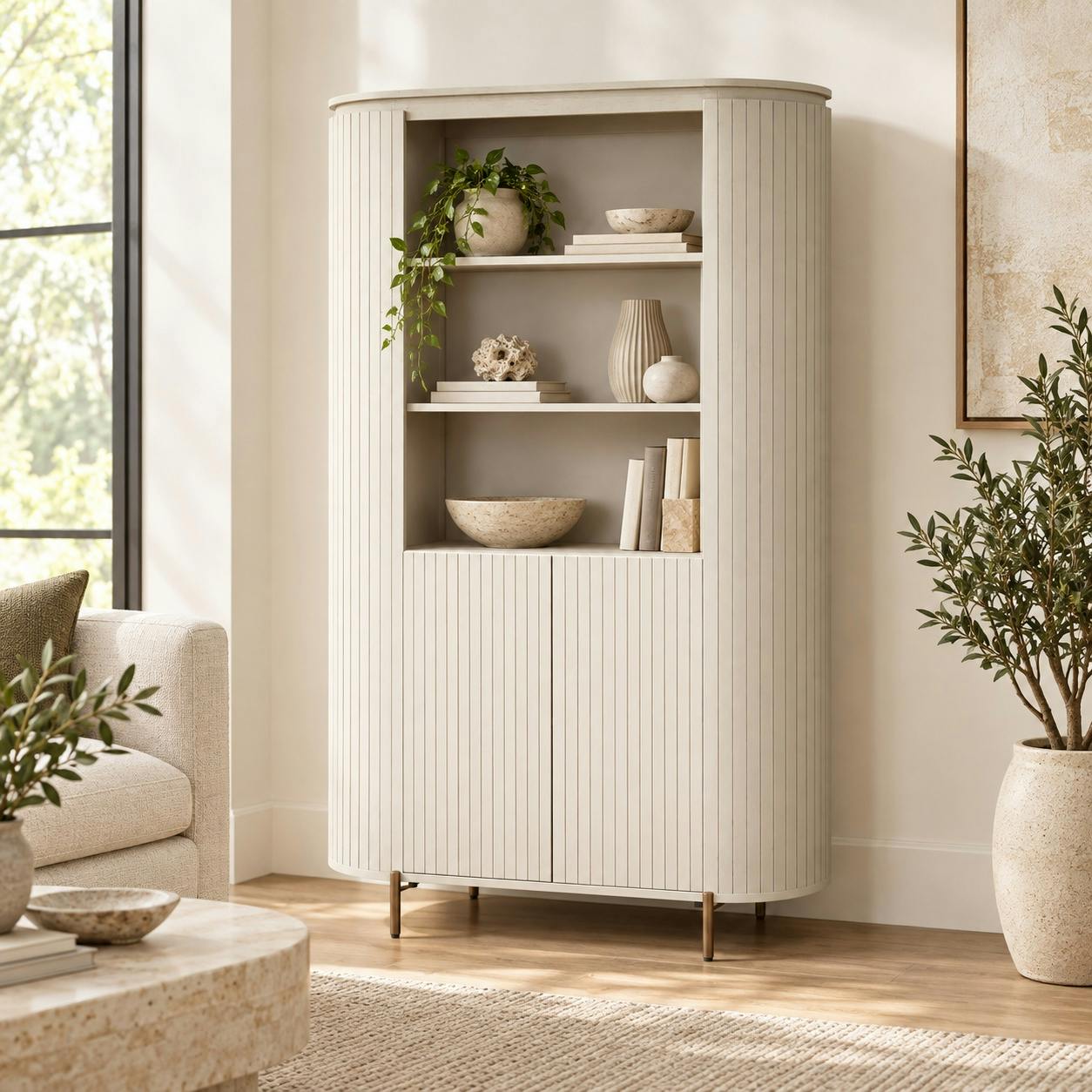 Vaisselier en bois beige rainuré 2 portes CALERO