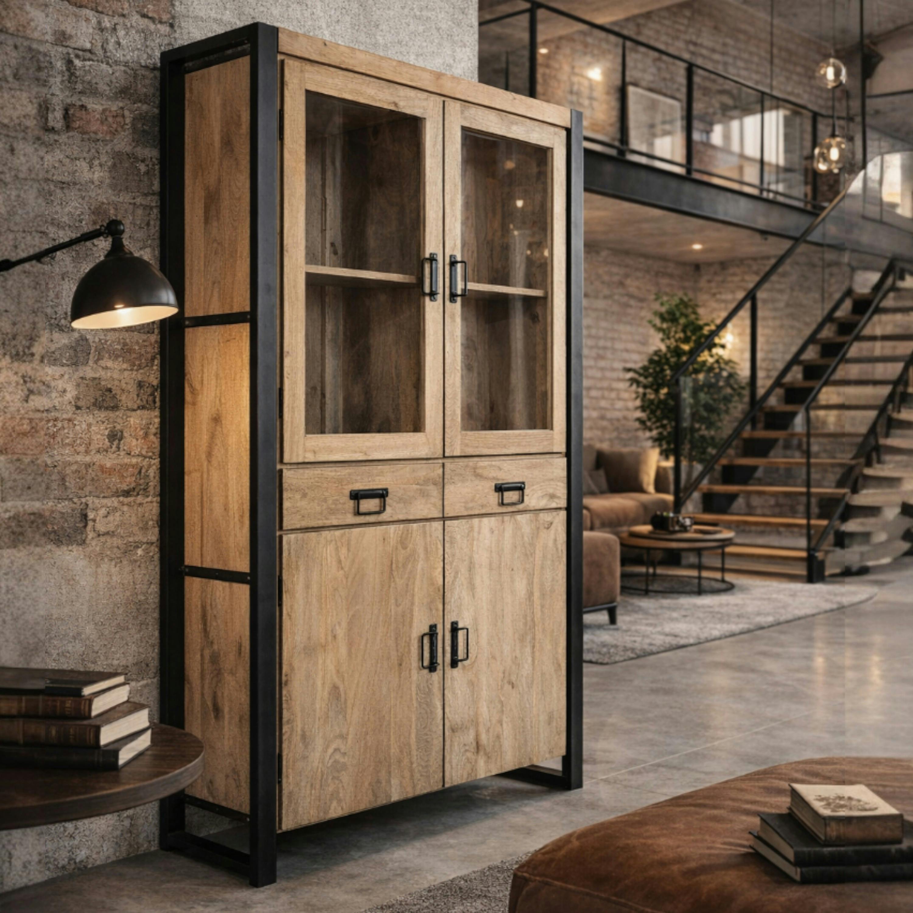 Vaisselier en bois clair et métal noir 4 portes MILORA