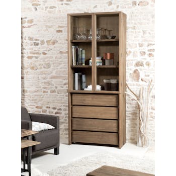 Vaisselier en Teck recyclé 2 portes vitrées, 4 tiroirs 90x45x220cm SWING