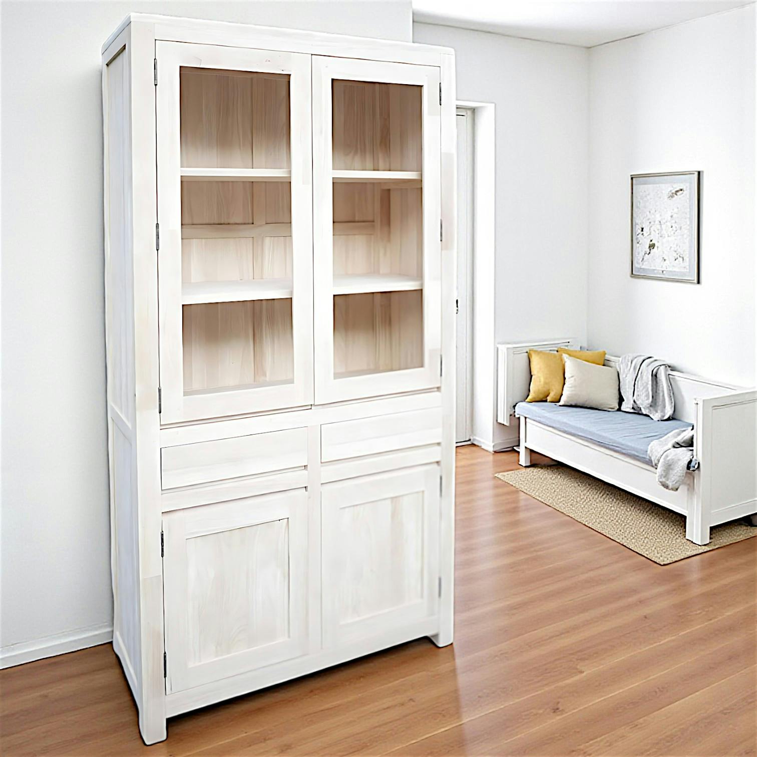 Vaisselier Hévéa 4 portes dont 2 vitrées, 2 tiroirs 100x40x190cm OLGA