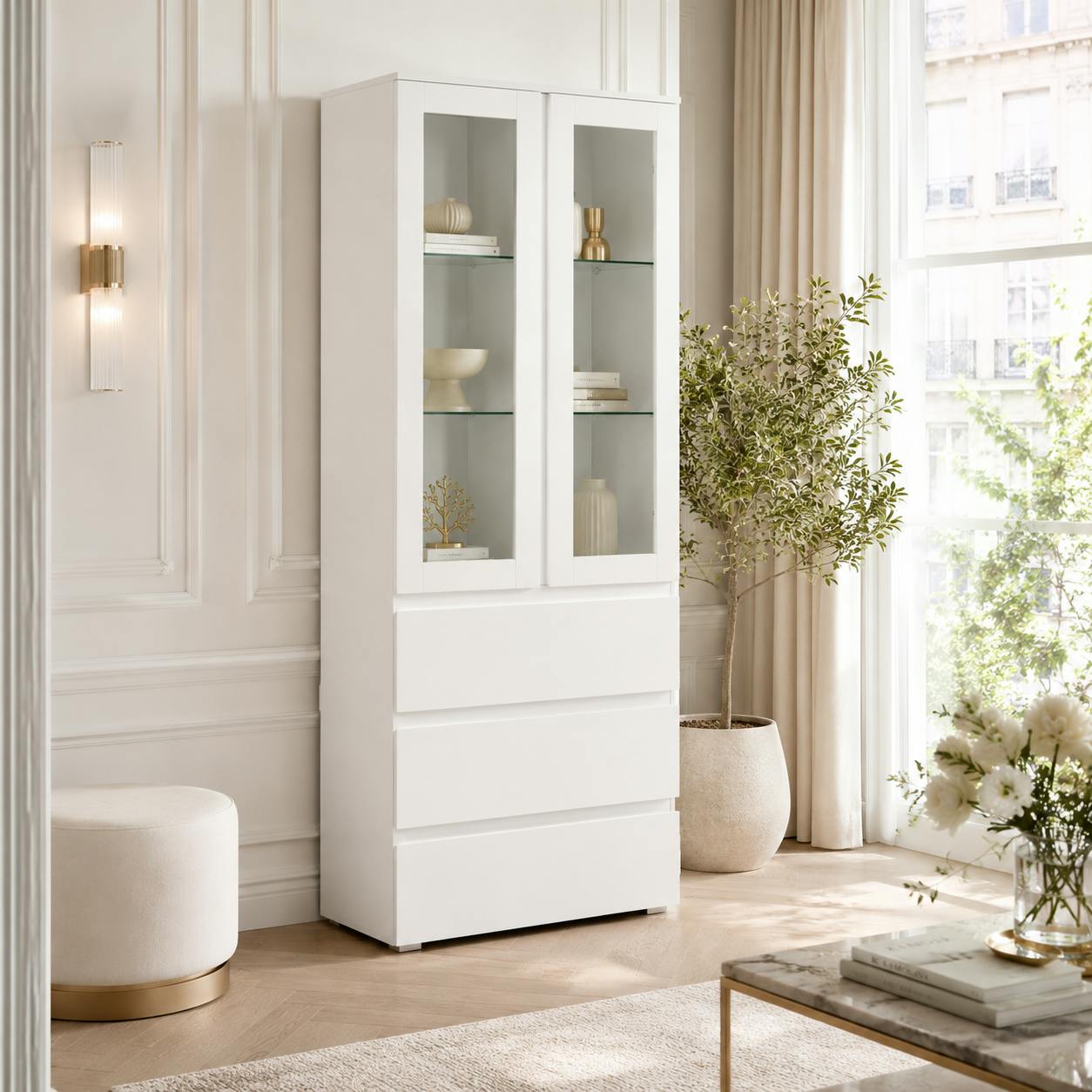 Vaisselier vitrine blanc moderne 2 portes 3 tiroirs ALVA