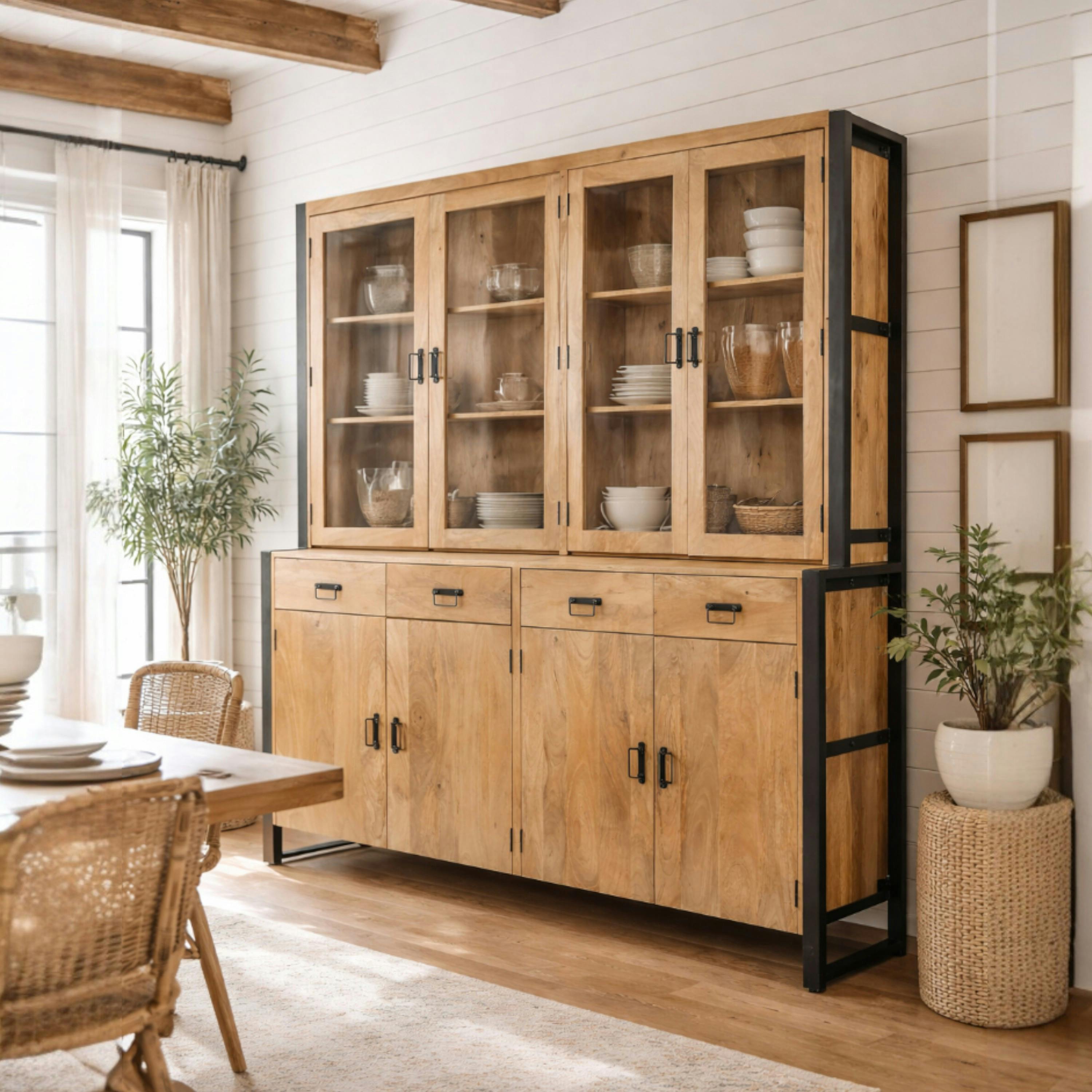 Vaisselier XXL bois clair métal noir 8 portes MILORA