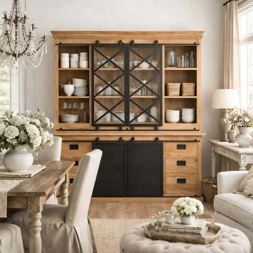 Vaisselier XXL bois métal style atelier à portes coulissantes CAMDEN