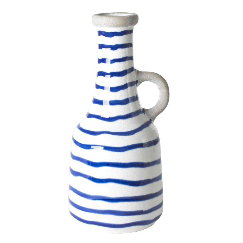 Vase à anse façon amphore décor lignes en faience blanche et bleue 13,5x13xH29cm