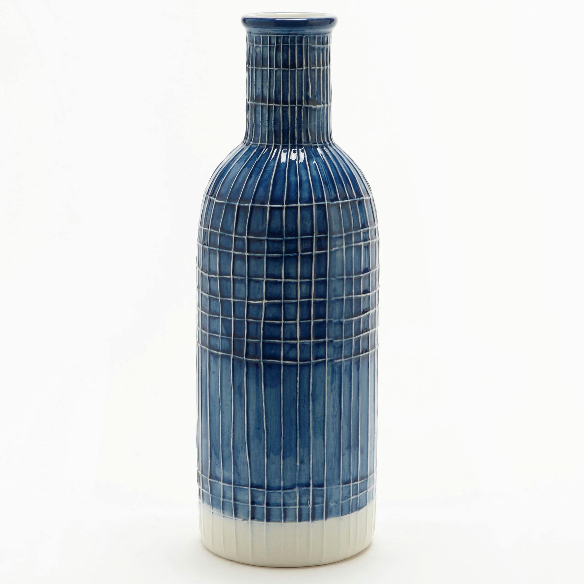 Vase bouteille bleu et blanc stries 31 cm