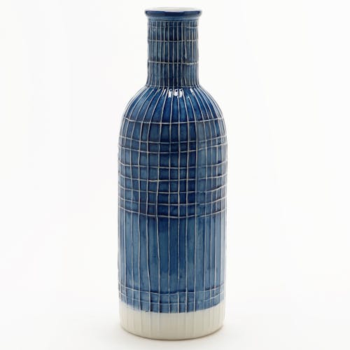 Vase bouteille bleu et blanc stries 31 cm