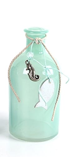 Vase bouteille en verre vert bleu turquoise avec décor de la mer suspendu D6xH13cm
