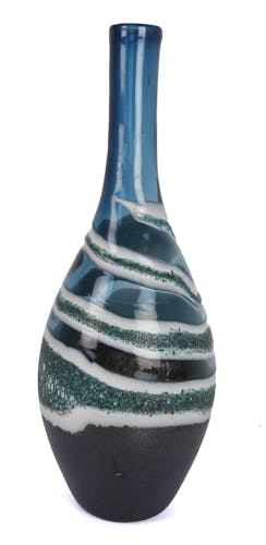 Vase bouteille soliflore en verre bleu avec effets de vagues choco blanc et gris D14xH38cm