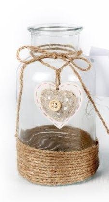 Vase bouteille verre déco corde et c?ur suspendu D8,5xH16cm