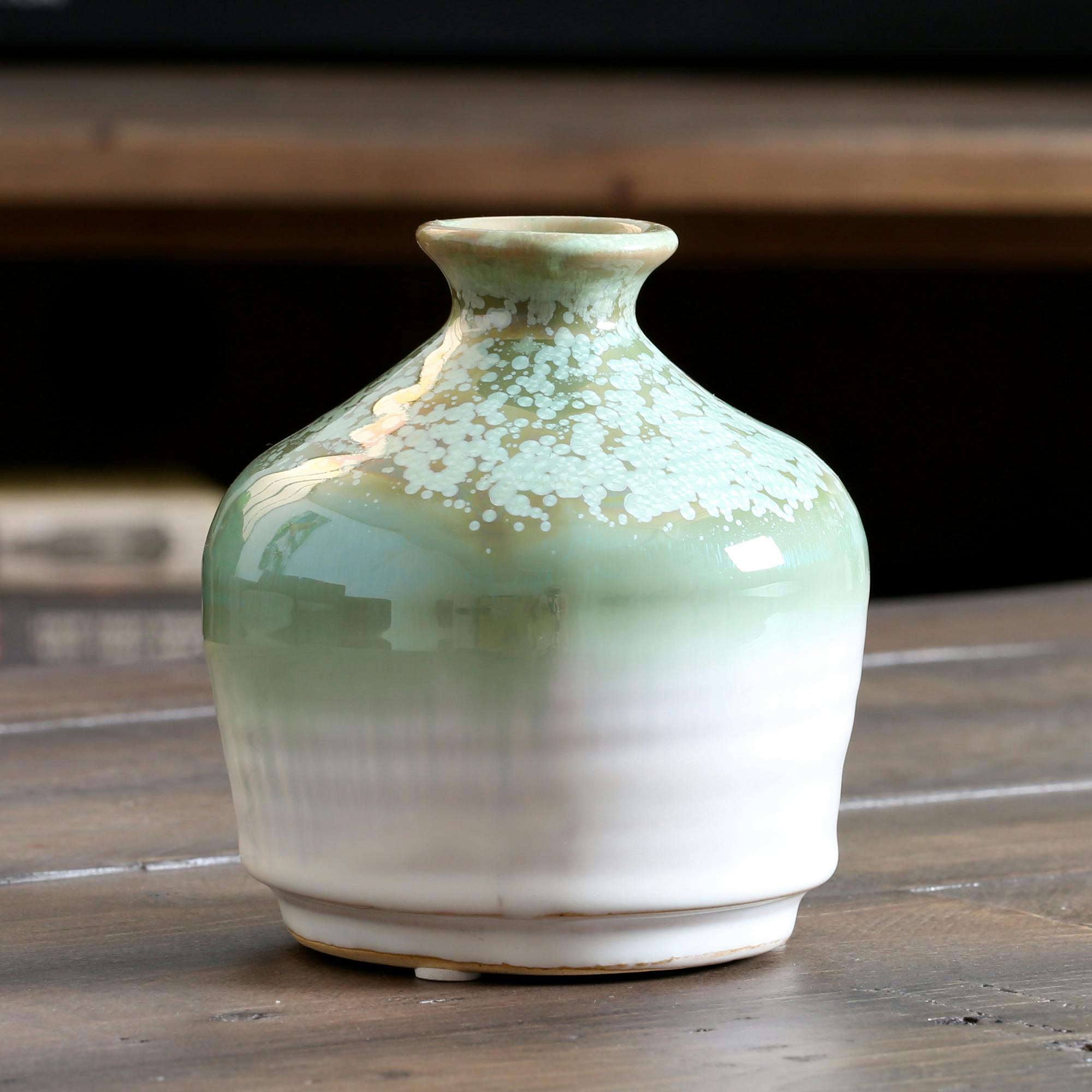 Vase col étroit en céramique tons vert et beige D10xH11cm