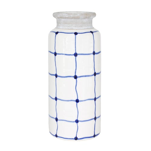 Vase droit décor carré façon grillage en faience blanche et bleue H28cm