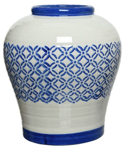 Vase en céramique blanche fleurs graphiques bleues