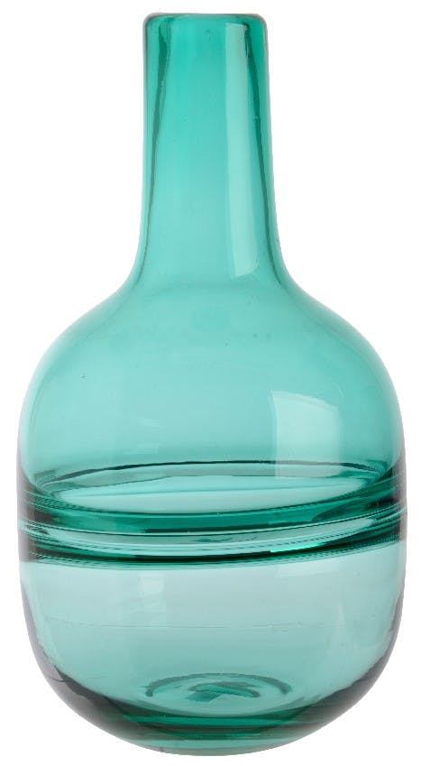 Vase en verre bleu vert bord métal H23cm