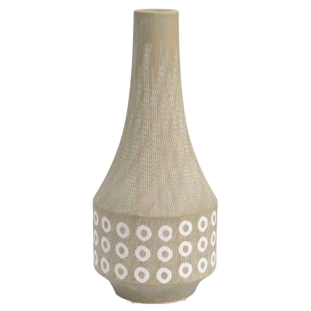 Vase Evasion forme cône en grès couleur sable décor pastilles et rayures blanches H32cm