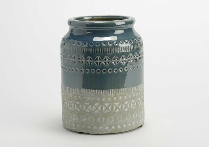Vase inspiration Maya en porcelaine bleue canard et grise patinée H15cm