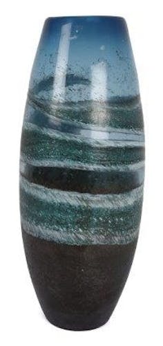 Vase obus en verre bleu avec effets de vagues choco blancs et gris D14,5xH38cm