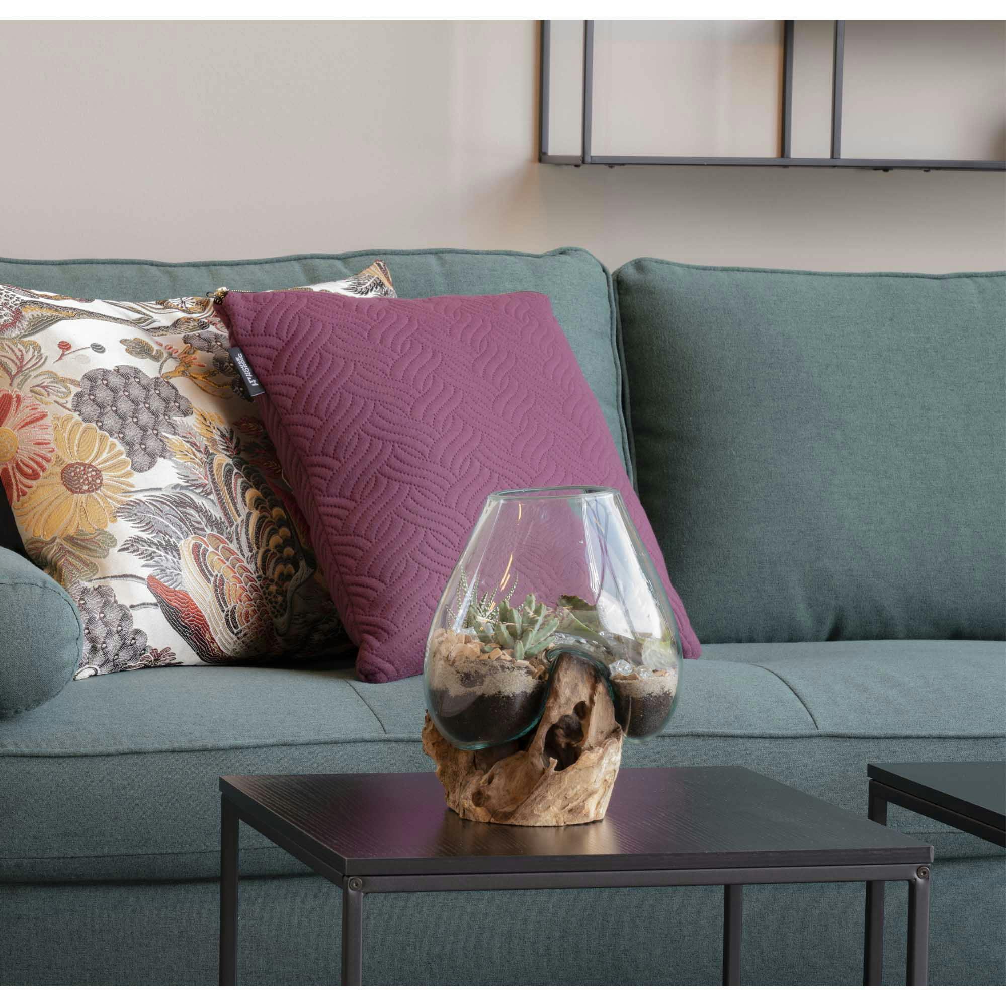 Vase verre soufflé et racine teck, artisanal H 20 cm ARIZONA