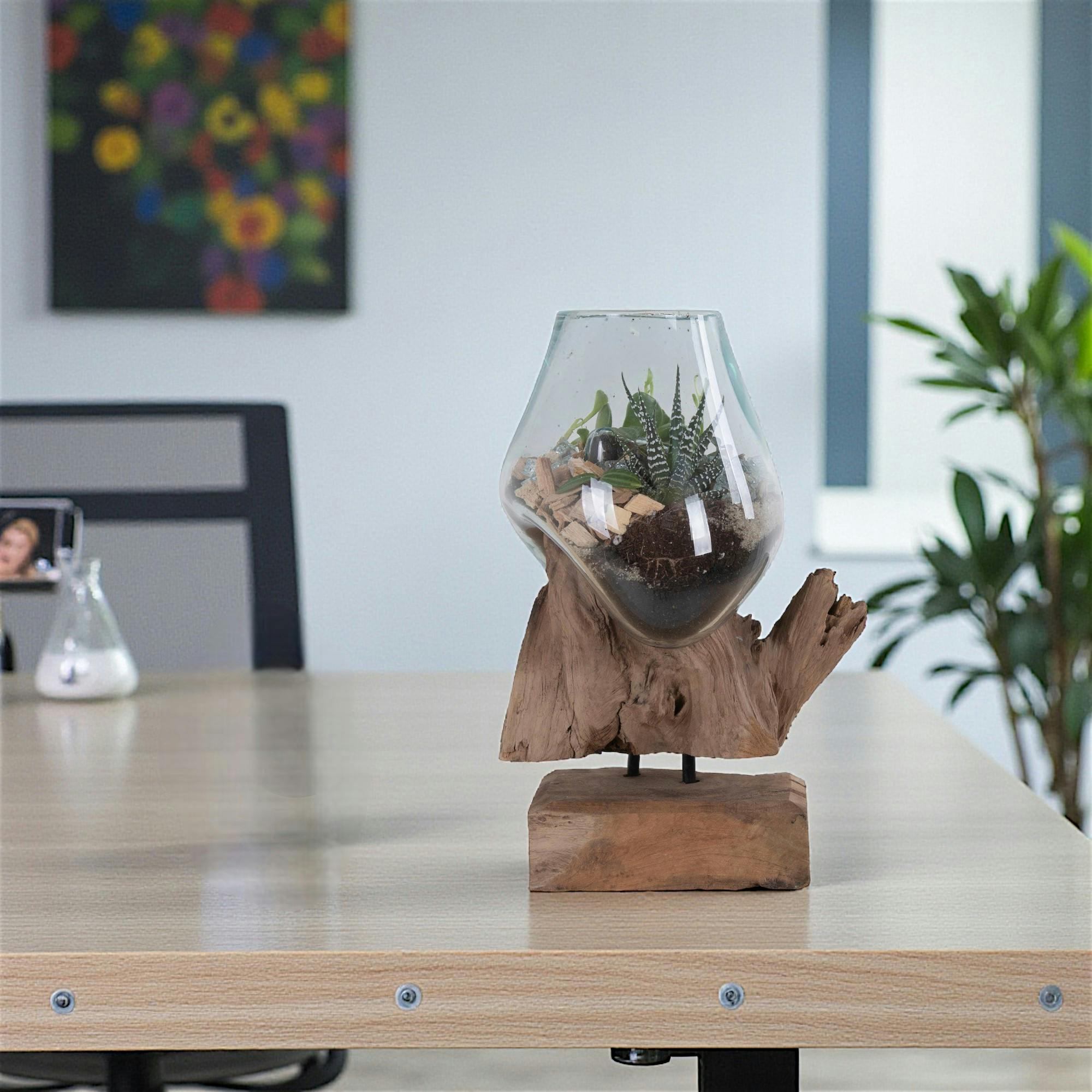 Vase verre soufflé et racine teck, artisanal H 25 cm ARIZONA