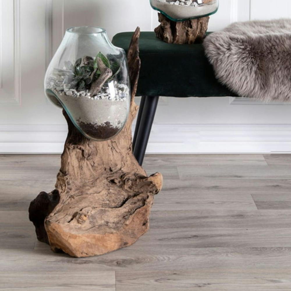 Vase verre soufflé et racine teck, artisanal H 50 cm ARIZONA