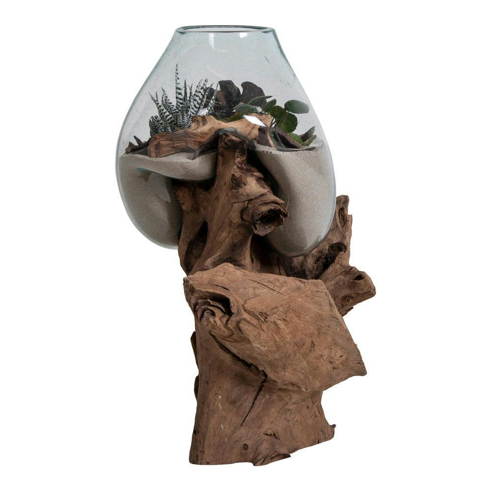 Vase verre soufflé et racine teck, artisanal H 50 cm ARIZONA