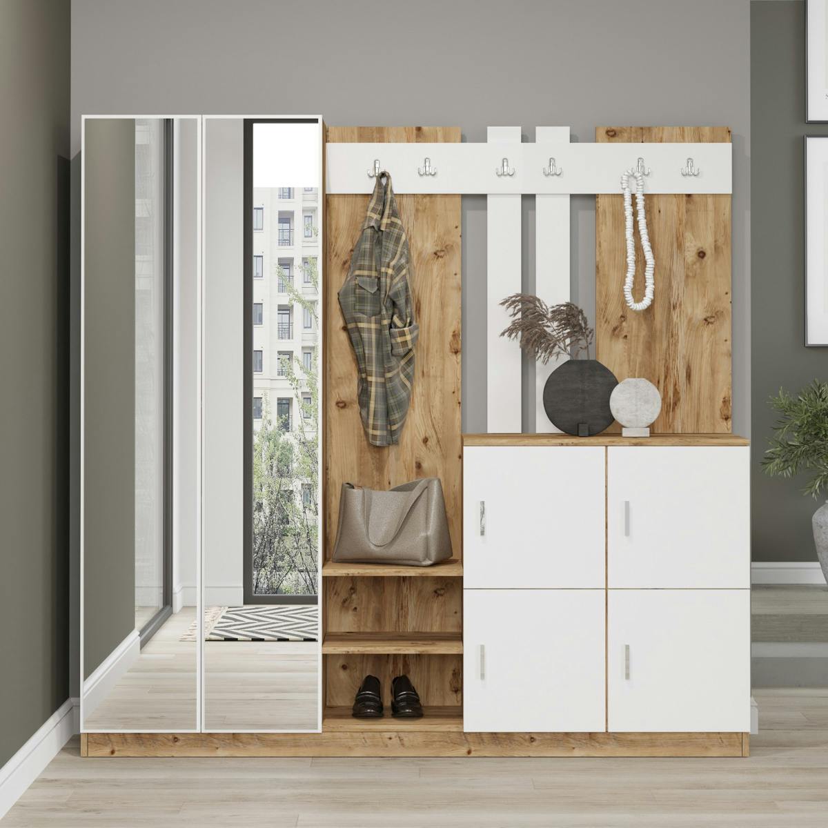 Vestiaire d'entrée 1 miroir 4 portes décor blanc bois MARFA